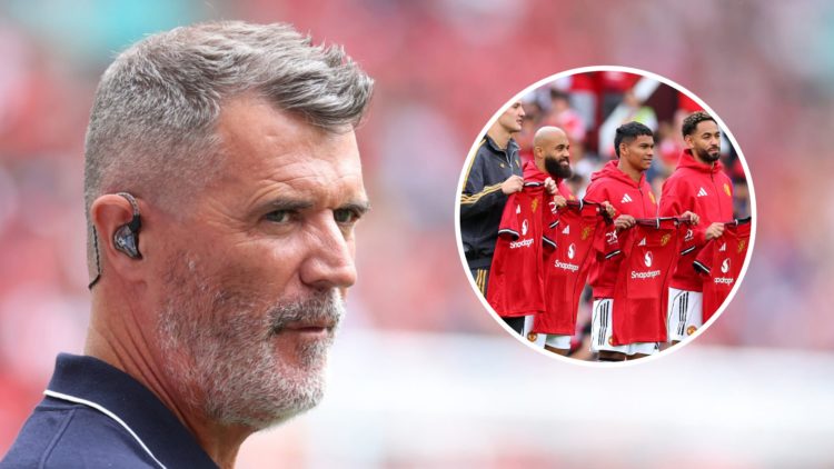 Pundit Roy Keane at Old Trafford, inset of Manchester United's four major signings in 2025/26.
