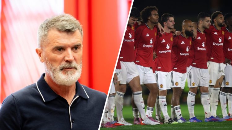 Split image, Roy Keane entering Old Trafford with stern look on his face and Manchester United players during penalty shoot-out.