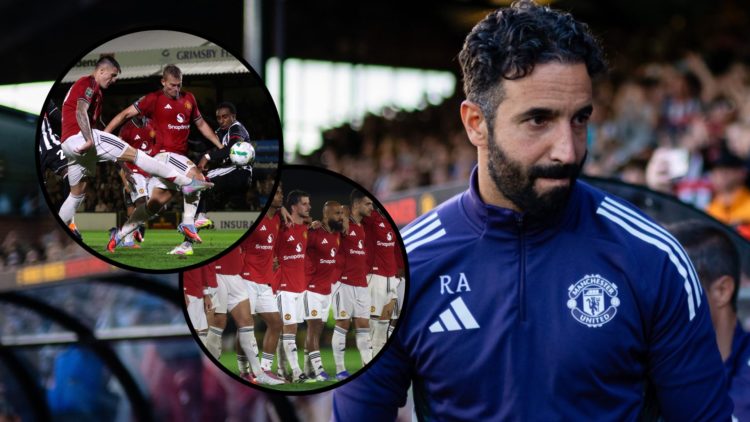 Ruben Amorim during Manchester United vs Grimsby. inset Benjamin Sesko shoots vs Grimsby and United players during penalty shootout.