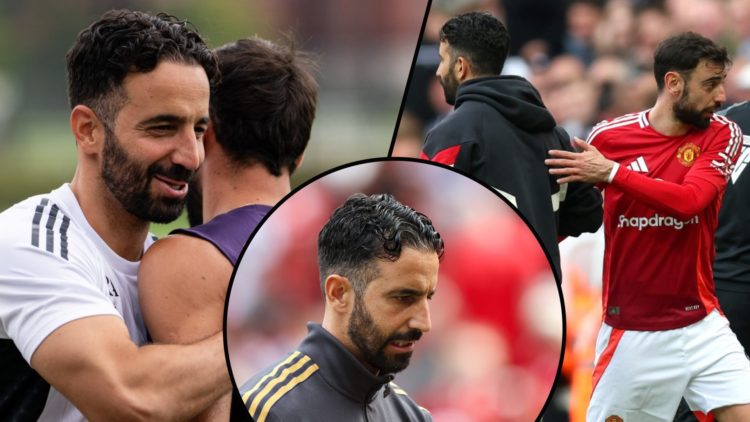 Ruben Amorim and Bruno Fernandes in training, inset the Manchester United captain with the manager, inset an overlay of the Red Devils head coach.