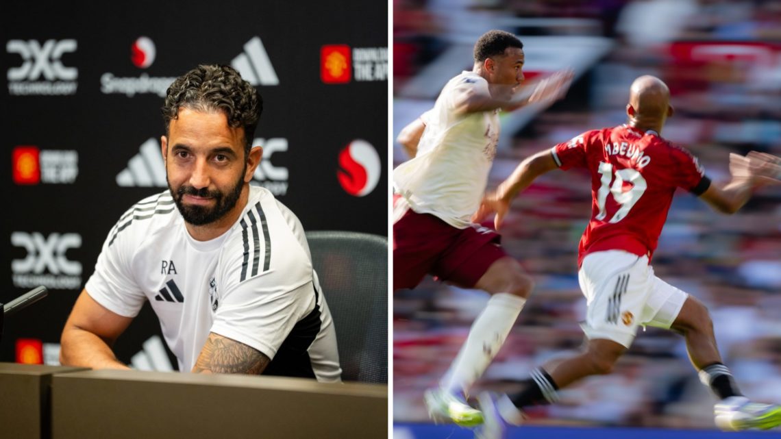 Manchester United head coach Ruben Amorim holds a press conference, split image of forward Bryan Mbeumo sprinting.