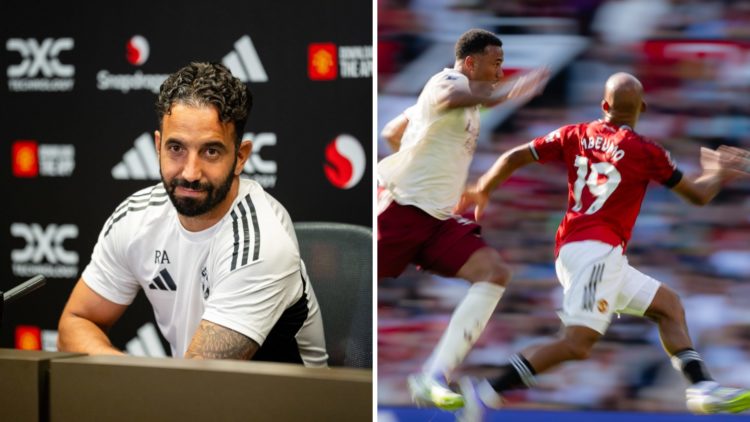 Manchester United head coach Ruben Amorim holds a press conference, split image of forward Bryan Mbeumo sprinting.