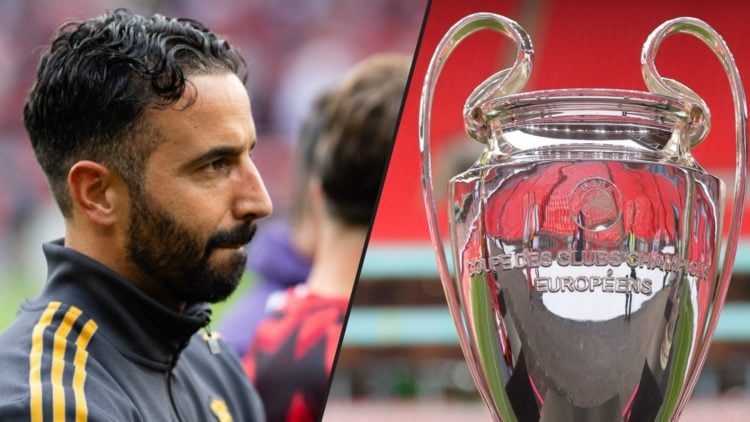 The Champions League trophy ahead of the 2025 FA Community Shield match, inset Manchester United manager Ruben Amorim.