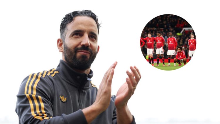 Manchester United head coach Ruben Amorim, inset of squad facing Fulham in FA Cup.
