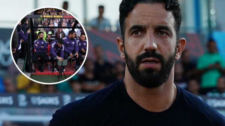 Manchester United head coach Ruben Amorim appears shocked after defeat to Grimsby Town in the Carabao Cup.