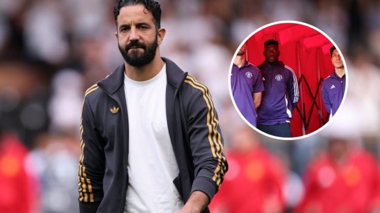 Manchester United manager Ruben Amorim, inset of Rasmus Hojlund and Andre Onana.