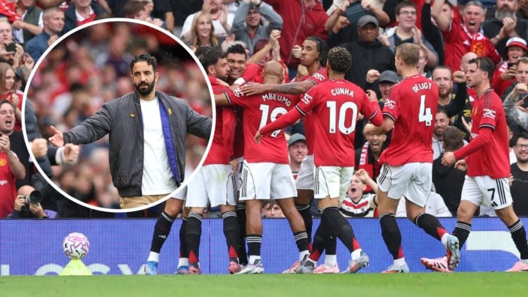 Manchester United players celebrate scoring past Burnley, inset of head coach Ruben Amorim at Old Trafford.