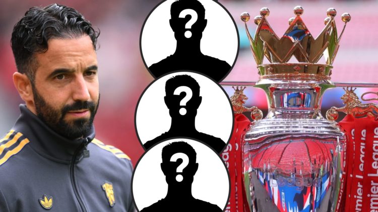 Manchester United manager Ruben Amorim ahead of the Fiorentina match at Old Trafford, inset the Premier League trophy won by Liverpool.