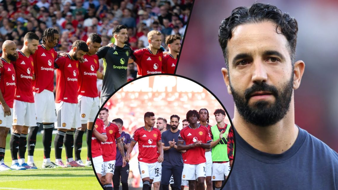 Manchester United ahead of a Premier League match, inset Ruben Amorim at Old Trafford, inset the Manchester United manager after facing Arsenal.