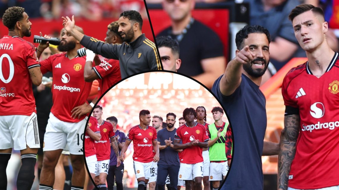 Ruben Amorim with Matheus Cunha, inset Benjamin Sesko, inset the Manchester United manager with his players after the Arsenal match.