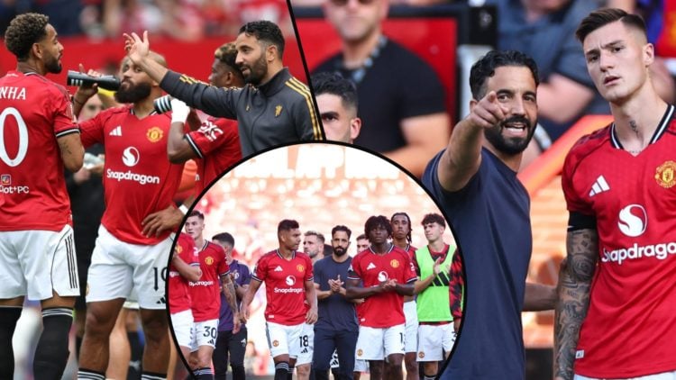 Ruben Amorim with Matheus Cunha, inset Benjamin Sesko, inset the Manchester United manager with his players after the Arsenal match.