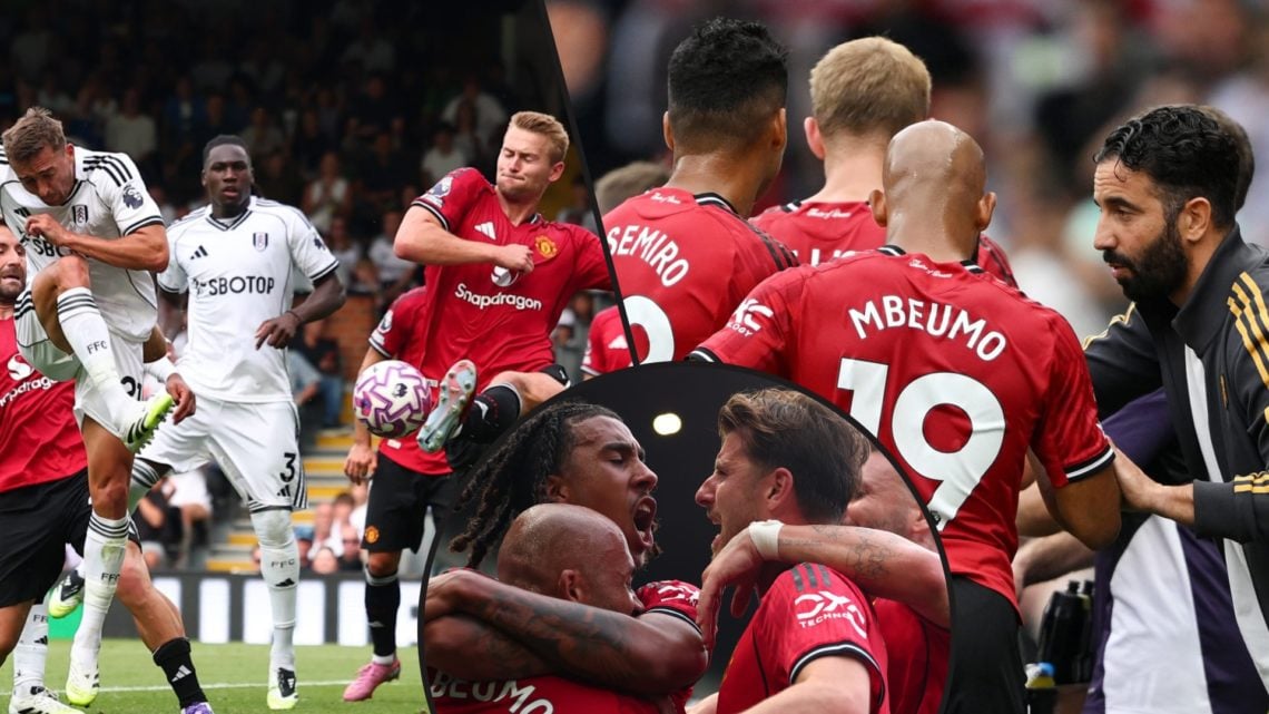 Ruben Amorim during the Premier League match between Fulham and Manchester United at Craven Cottage, inset Matthijs de Ligt, inset an overlay with ...