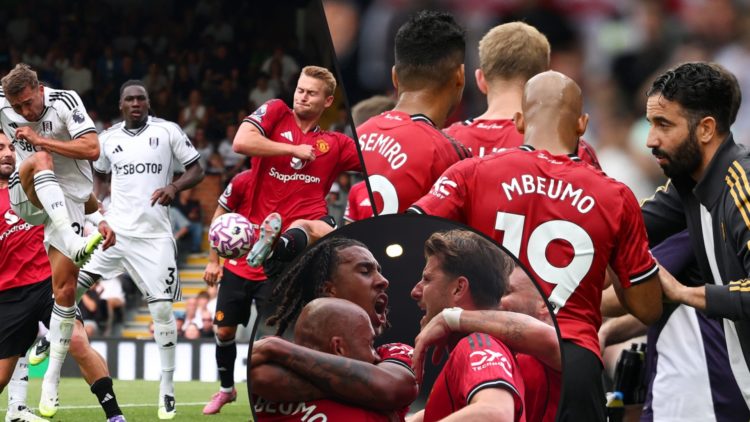 Ruben Amorim during the Premier League match between Fulham and Manchester United at Craven Cottage, inset Matthijs de Ligt, inset an overlay with ...
