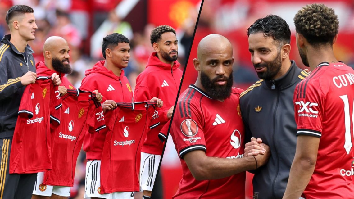 Bryan Mbeumo, Benjamin Sesko, Diego Leon and Matheus Cunha ahead of the pre-season friendly against Fiorentina, inset Manchester United manager Rub...