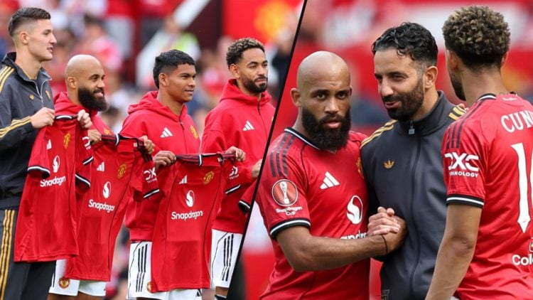 Bryan Mbeumo, Benjamin Sesko, Diego Leon and Matheus Cunha ahead of the pre-season friendly against Fiorentina, inset Manchester United manager Rub...