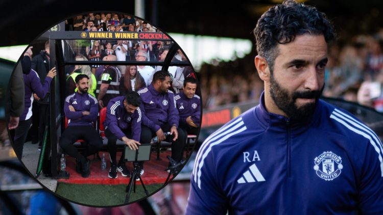 Ruben Amorim walks out ahead of the Carabao Cup match between Grimsby Town and Manchester United at Blundell Park, inset the Manchester United mana...