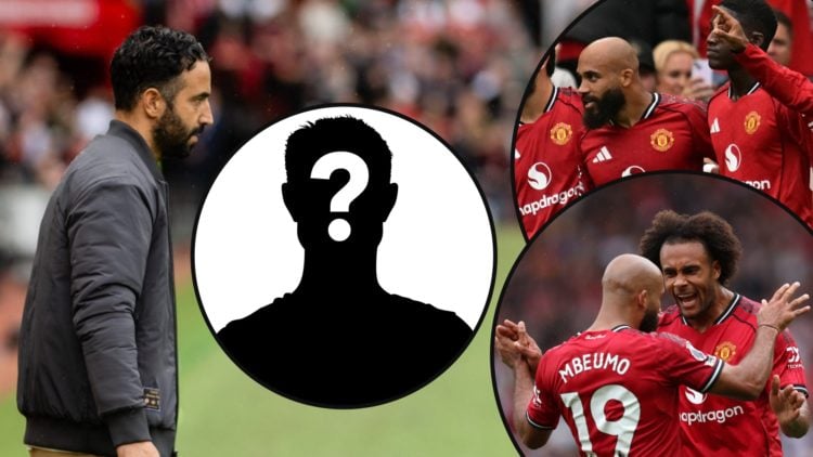 Red Devils manager Ruben Amorim at Old Trafford, inset Manchester United players vs Burnley, inset Joshua Zirkzee during the Premier League match.