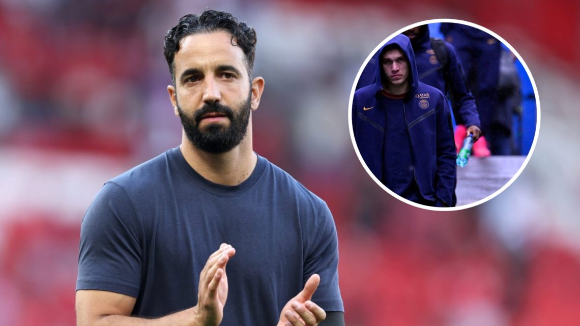 Manchester United head coach Ruben Amorim, inset of Manuel Ugarte in PSG training gear.