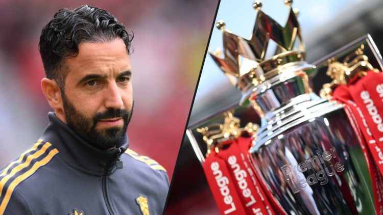 Manchester United manager Ruben Amorim ahead of the Fiorentina match at Old Trafford, inset a photo of the Premier League trophy.