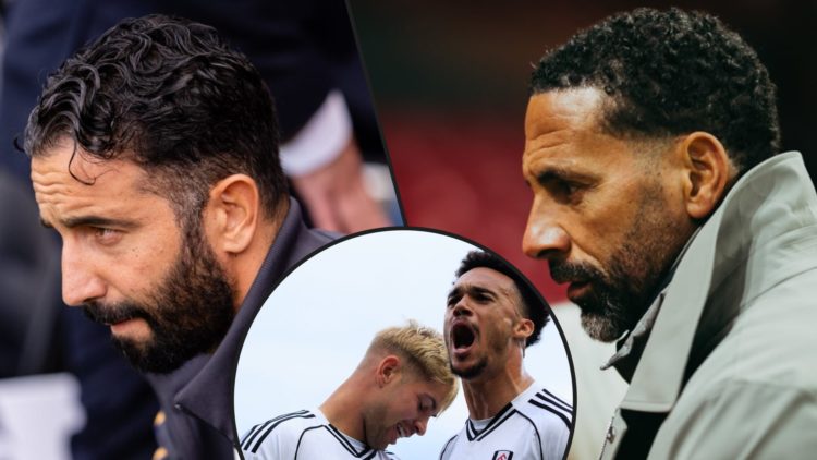 Manchester United manager Ruben Amorim during the Premier League match at Craven Cottage, inset Rio Ferdinand, inset Fulham players.