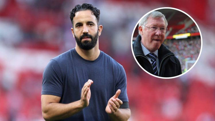 Manchester United head coach Ruben Amorim applauds fans at Old Trafford, inset of Sir Alex Ferguson.