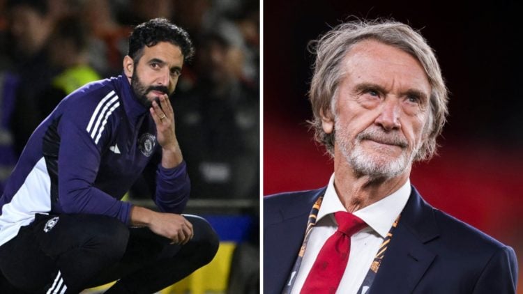 Manchester United head coach Ruben Amorim crouches on the touchline, split image with co-owner Sir Jim Ratcliffe.
