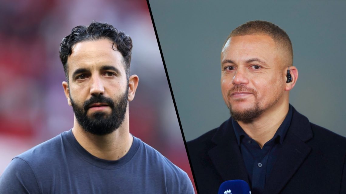 Split image, Ruben Amorim at Old Trafford with frustrated look on his face and Wes Brown being a pundit for Manchester United game.