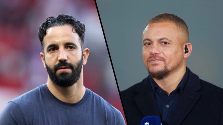 Split image, Ruben Amorim at Old Trafford with frustrated look on his face and Wes Brown being a pundit for Manchester United game.
