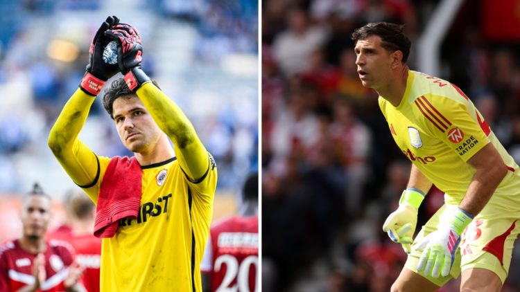 Split image of Royal Antwerp goalkeeper Senne Lammens and Aston Villa star Emiliano Martinez.