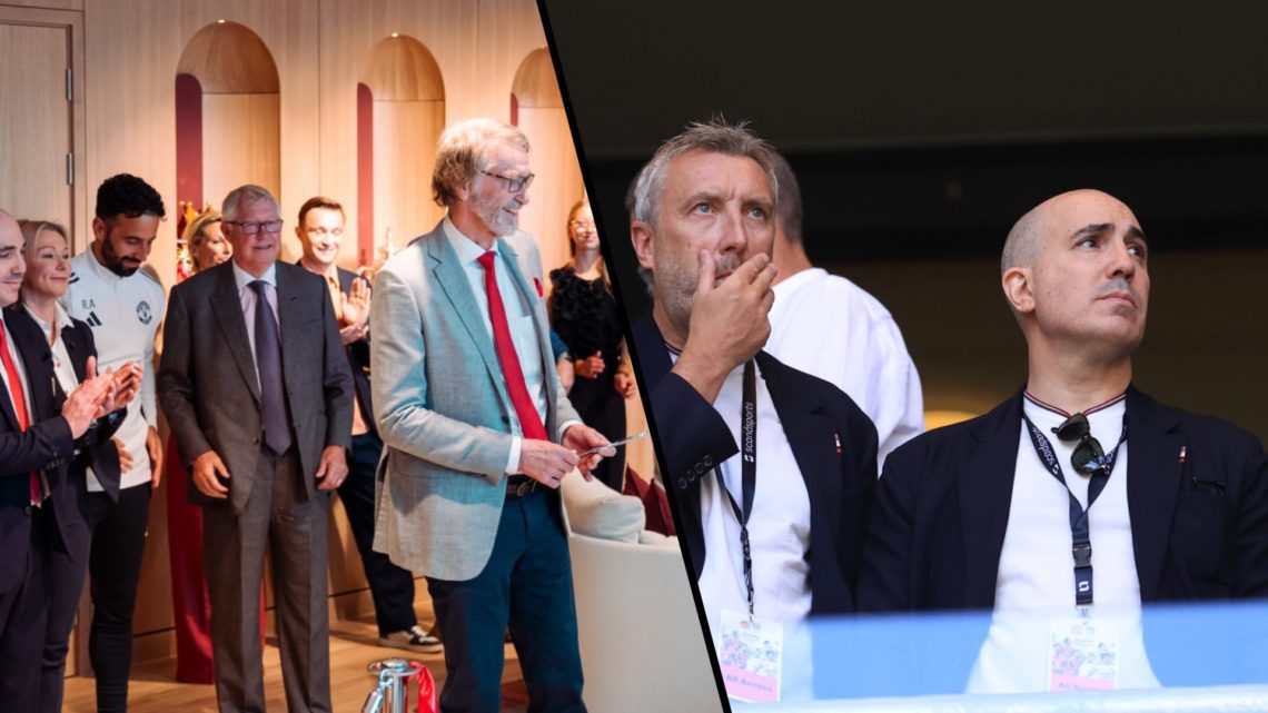 Split image, Sir Jim Ratcliffe cuts red ribbon to officially open Manchester United's revamped Carrington and Omar Berrada with Jason Wilcox in sta...