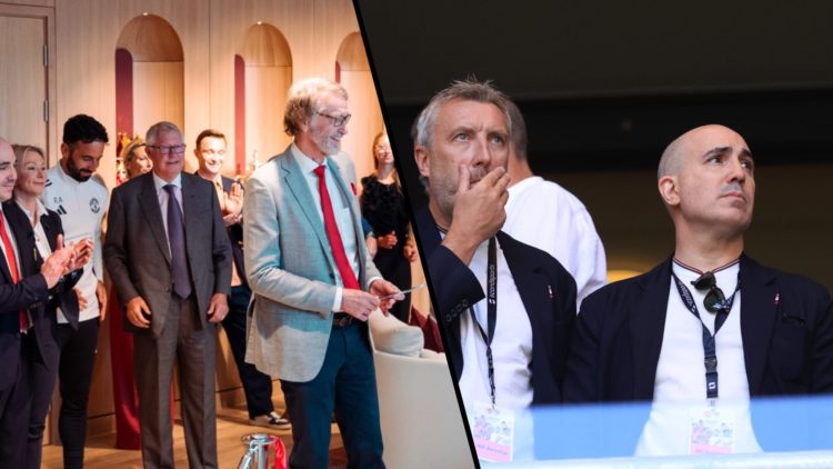 Split image, Sir Jim Ratcliffe cuts red ribbon to officially open Manchester United's revamped Carrington and Omar Berrada with Jason Wilcox in sta...