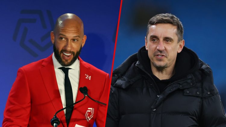 Tim Howard and Gary Neville split image