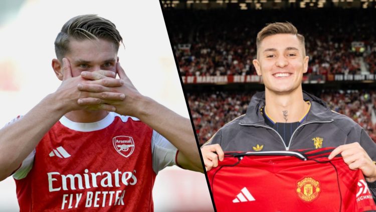 Split image, Viktor Gyokeres celebrates scoring for Arsenal and Benjamin Sesko unveiled to Old Trafford with Manchester United shirt.