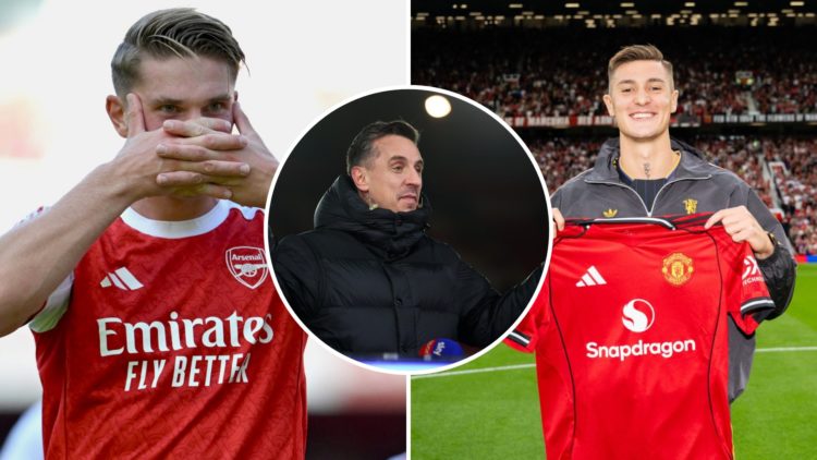 Split image of Arsenal striker Viktor Gyokeres and Manchester United's Benjamin Sesko, inset of pundit Gary Neville.