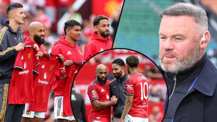 England legend Wayne Rooney, inset Benjamin Sesko, inset Matheus Cunha and Bryan Mbeumo with Manchester United manager Ruben Amorim.