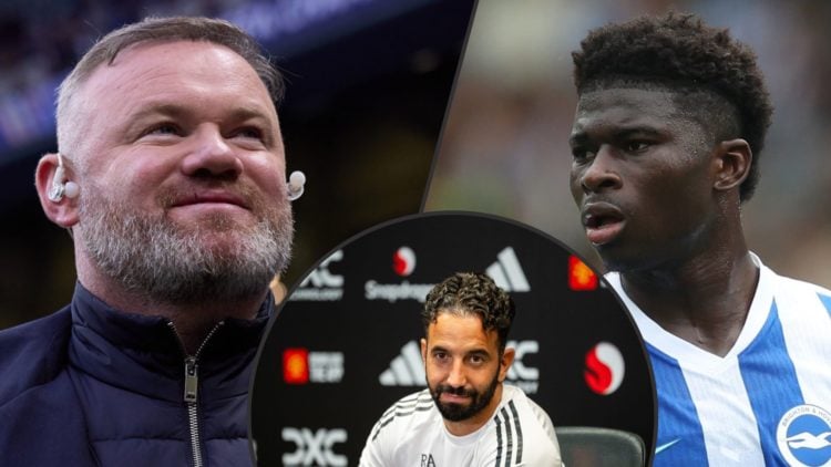 Manchester United and England legend Wayne Rooney, inset Brighton midfielder Carlos Baleba, inset an overlay of manager Ruben Amorim.