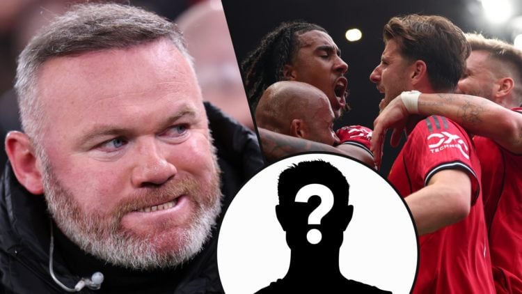 Manchester United and England legend Wayne Rooney, inset Leny Yoro with Bryan Mbeumo, Mason Mount and Luke Shaw vs Fulham at Craven Cottage.
