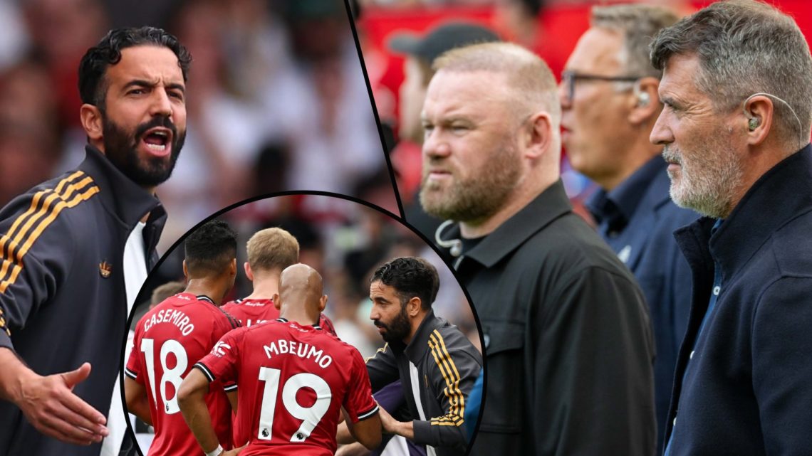Sky Sports pundits Wayne Rooney and Roy Keane, inset Ruben Amorim during the Fulham match, inset an overlay of Manchester United players at Craven ...