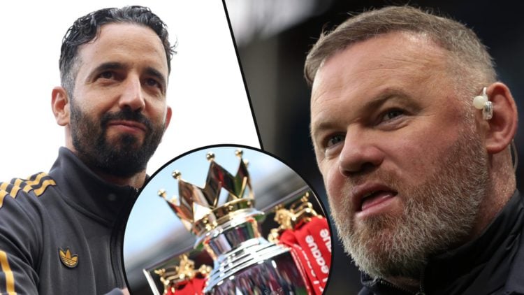 Manchester United and England icon Wayne Rooney for Amazon Prime Video, inset a photo of Ruben Amorim, inset an overlay of the Premier League trophy.