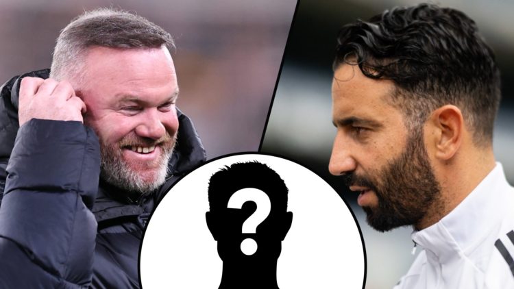 Manchester United and England legend Wayne Rooney during a Champions League match, inset a photo of Red Devils manager Ruben Amorim.