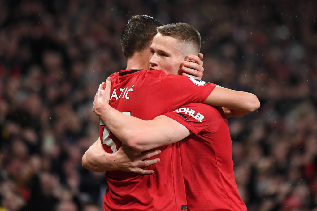 Nemanja Matic hugs Scott McTominay. Manchester United, 2020