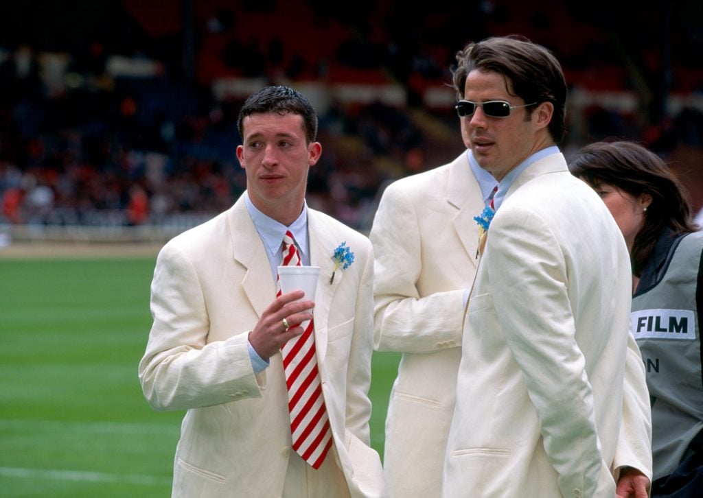 Robbie Fowler and Jamie Redknapp in white Armani suits - 1996 FA Cup Final - Wembley