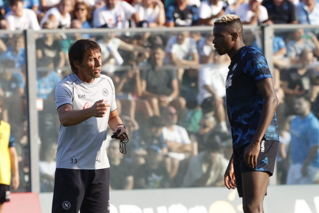 Victor Osimhen of Napoli and Antonio Conte, coach of Napoli, are participating in day 3 of the preseason training camp of SSC Napoli at Stadio Patini in Castel di Sangro, Italy, on July 27, 2024
