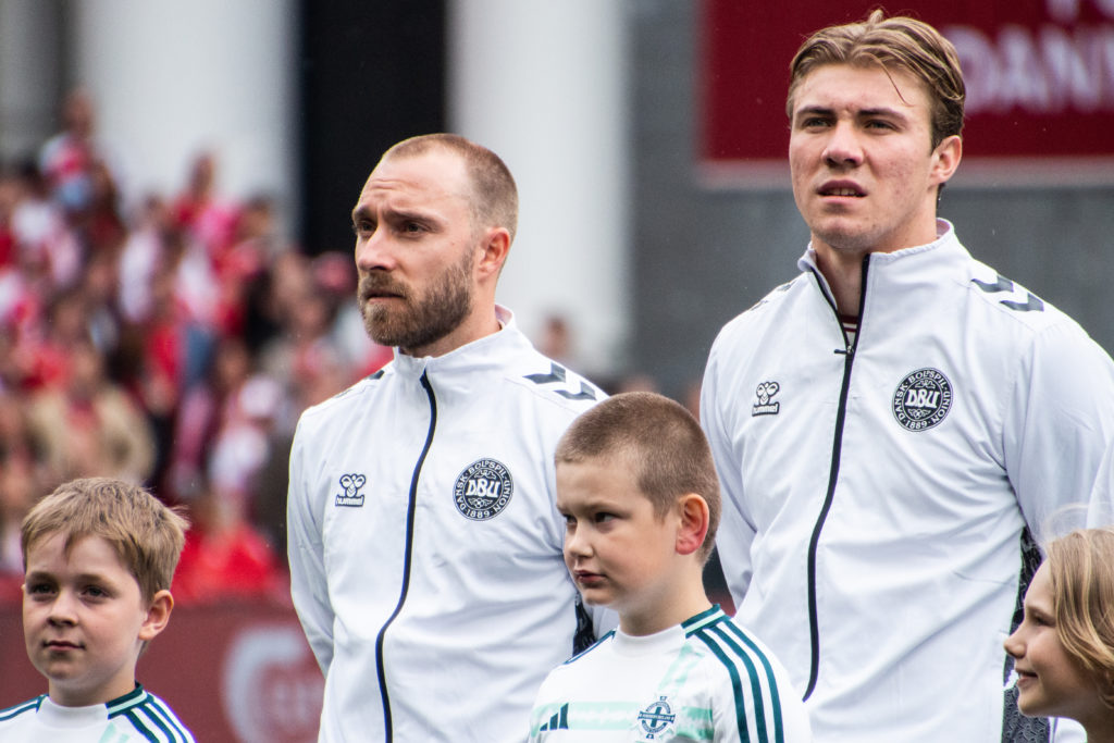 Christian Eriksen and Rasmus Hojlund lining up for Denmark