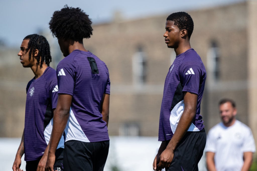 Chido Obi of Manchester United in action during a first team training session as part of their pre-season tour of the USA at Endeavor Health Performance Center on August 02, 2025