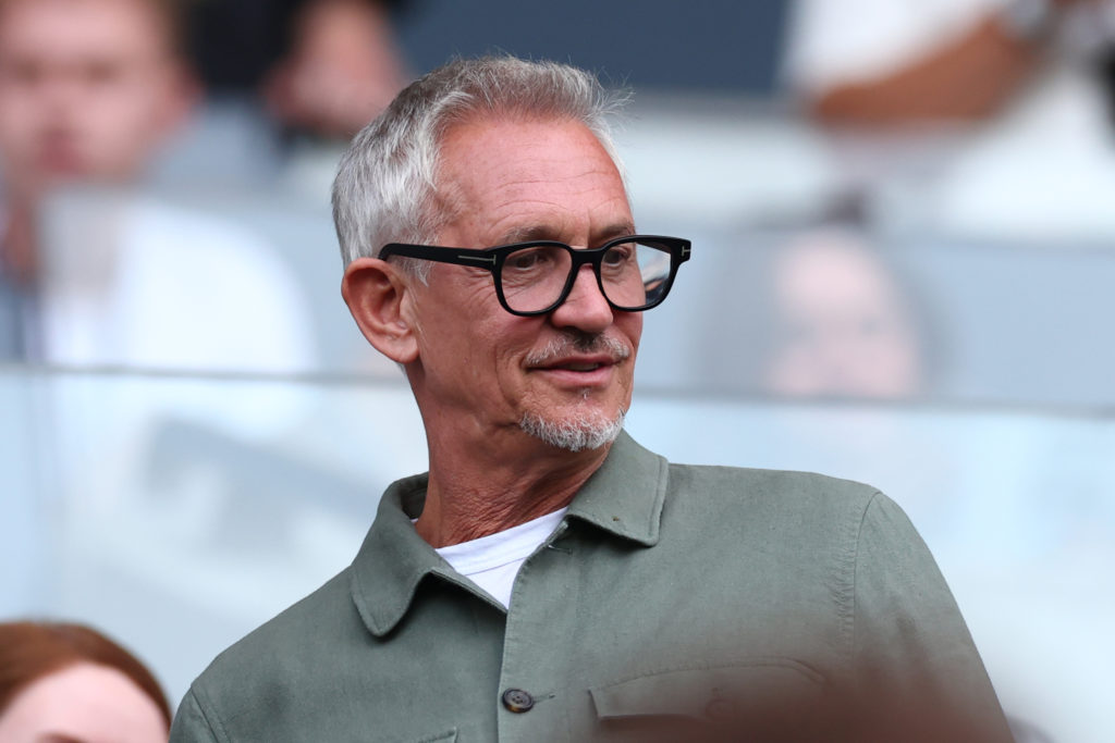 The Rest Is Football podcast co-host and ex-BBC presenter Gary Lineker during the Premier League match between Fulham and Manchester United at Craven Cottage in 2025 in London, England.