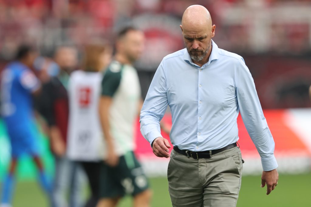 Former Manchester United head coach Erik ten Hag looks dejected after the 3-3 draw of the Bundesliga match between Werder Bremen and Bayer Leverkusen at the Weserstadion in 2025 in Bremen, Germany.