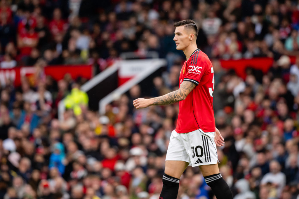 Benjamin Sesko walks onto the pitch for Manchester United