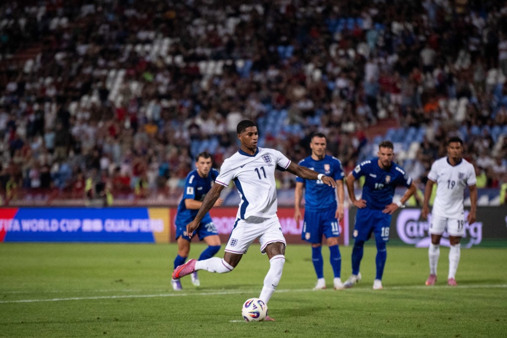 Marcus Rashford of England scores his team's fifth goal from the penalty-spot during the FIFA World Cup 2026 qualifier match between Serbia and England at Rajko Mitic Stadium on September 9, 2025