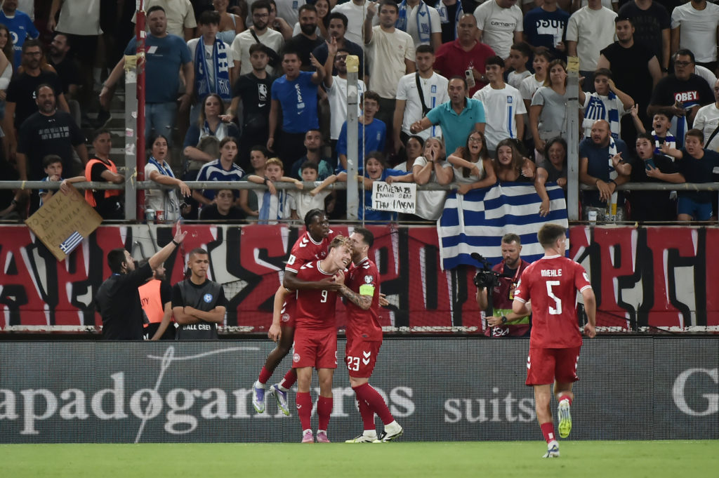 Rasmus Hojlund celebrates scoring for Denmark against Greece.